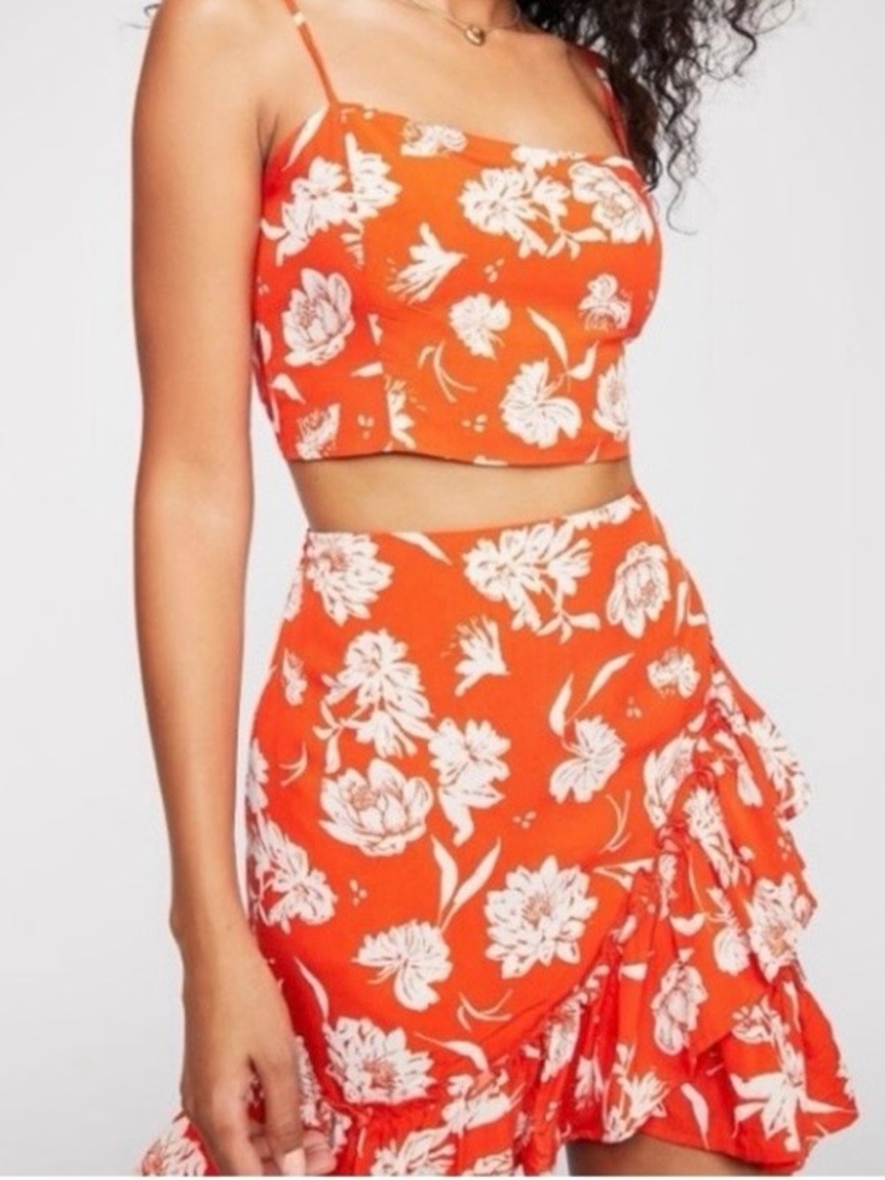 Free People Orange And White Floral Crop Top & Skirt I’ve Got A Feeling Medium